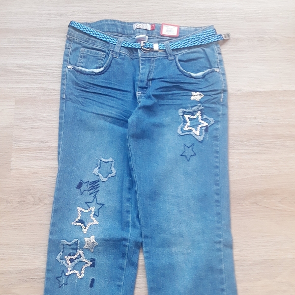 SO Star Patch Skinny Jeans with Braided Belt - Girl's Size 14 Embellished Jeans - Picture 10 of 12